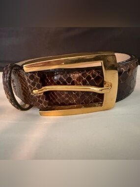 NWOT Vintage 80s Avignon Snakeskin Embossed Leather Belt Gold Buckle    Sz S